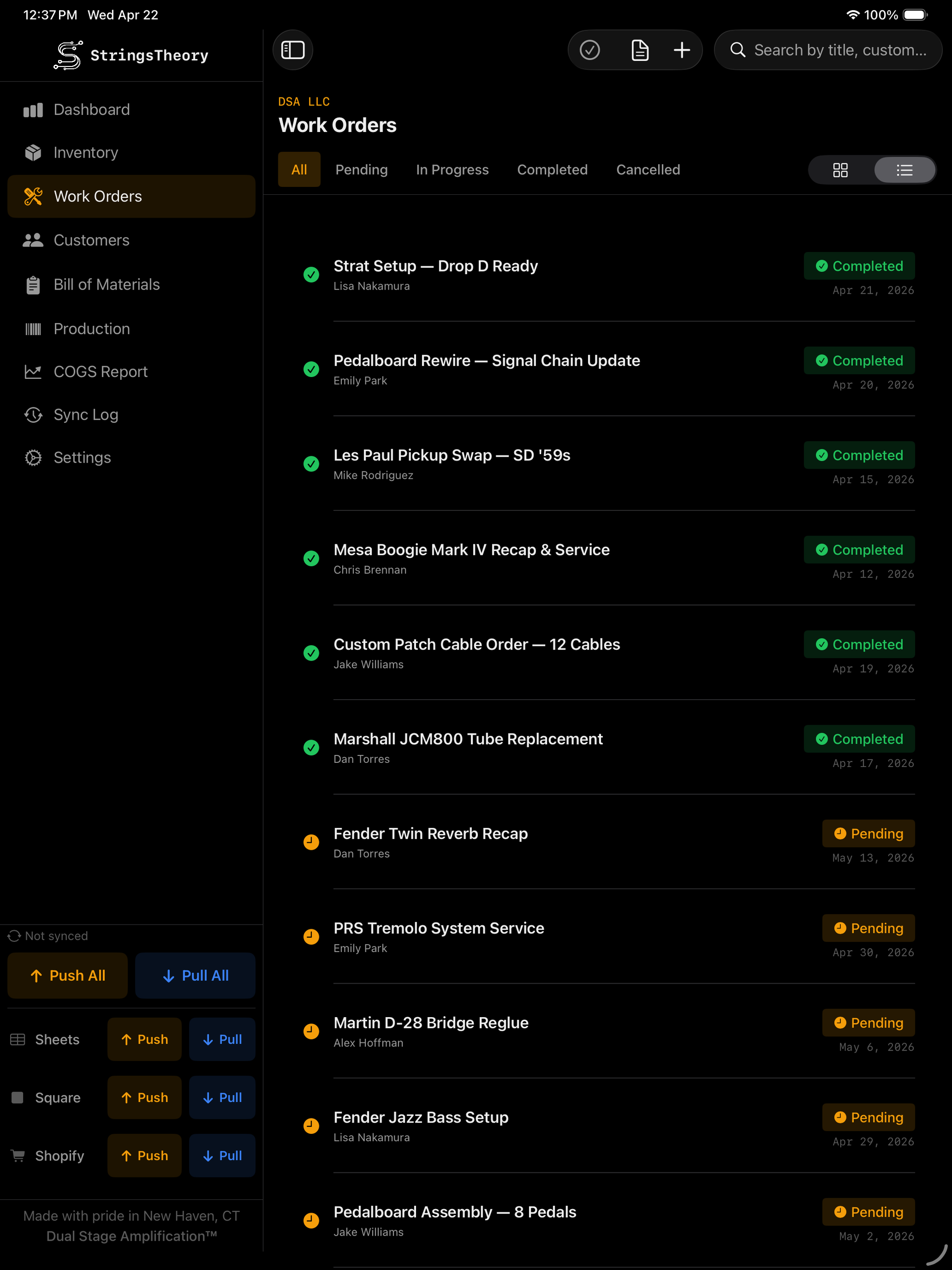 StringsTheory work order Kanban board on iPad