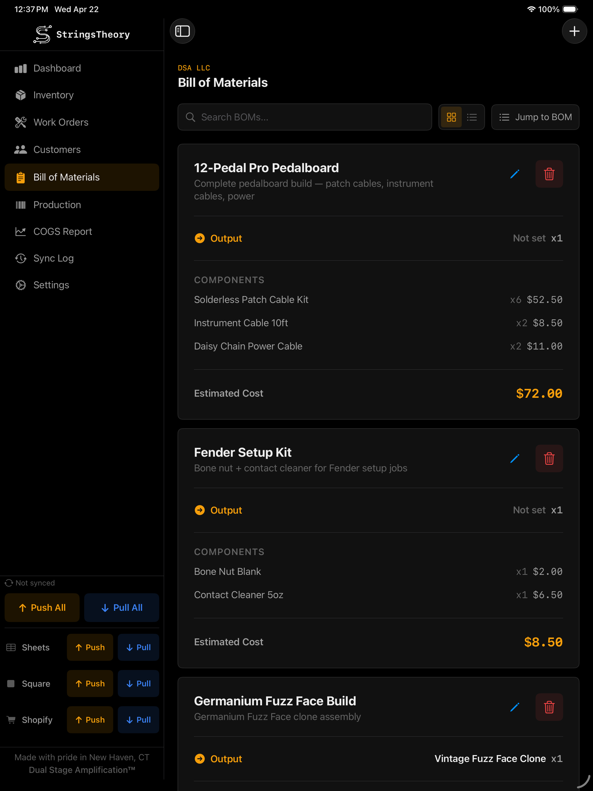 StringsTheory bill of materials on iPad