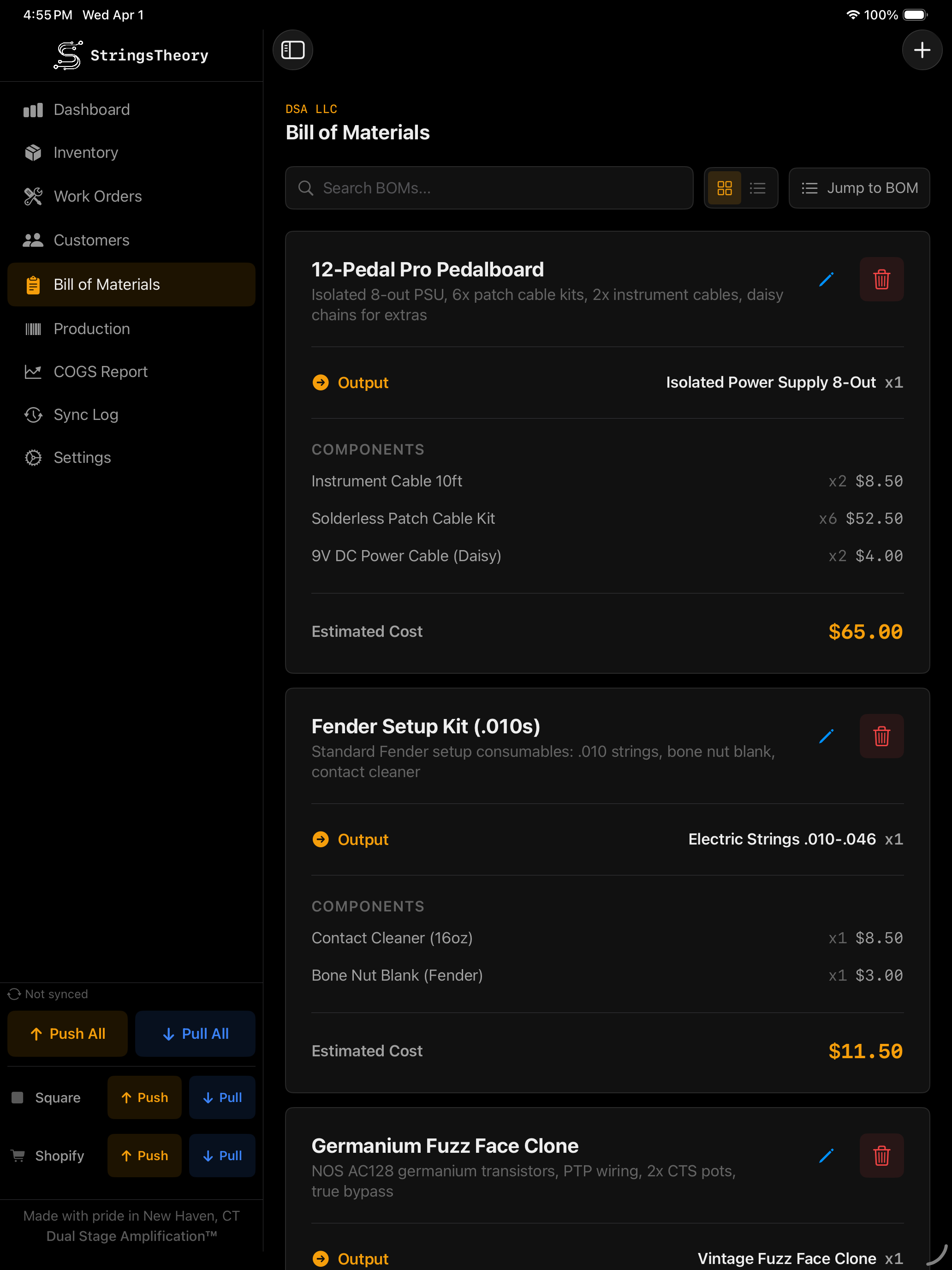 StringsTheory bill of materials on iPad