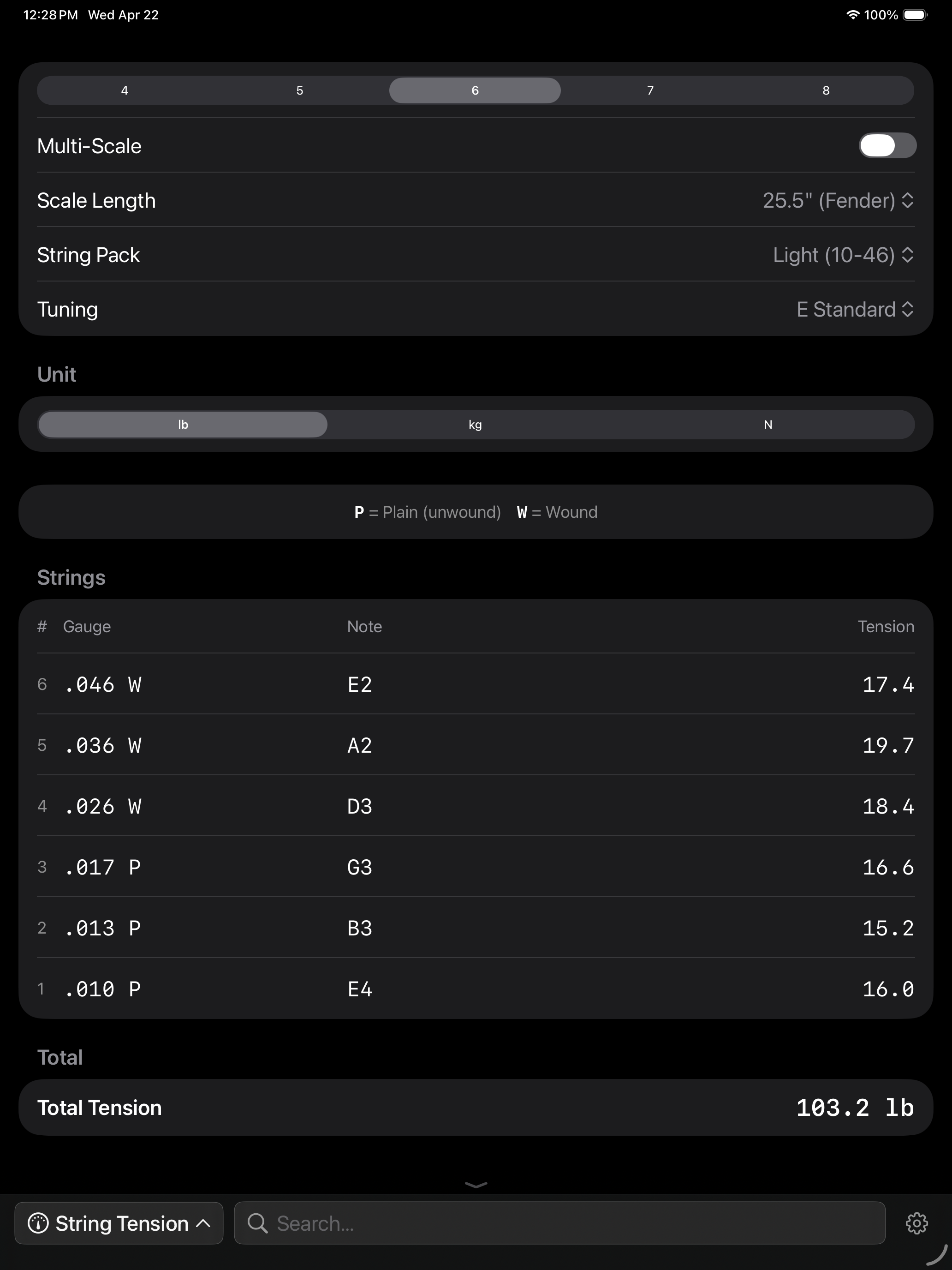 String tension calculator on iPad
